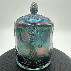 Indiana Blue Carnival Glass Harvest Grape Pattern Vintage Jar Container *READ